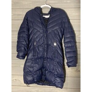 Tahari Mid Length Winter Coat Womens XS Down Feathers Puffer Navy Hood